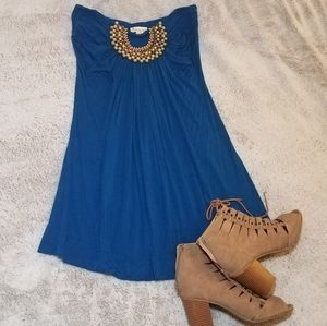 Teal blue strapless mini dress